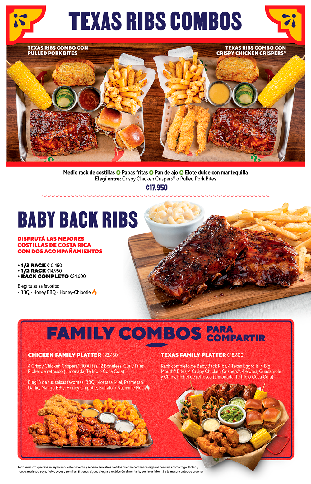 Menú Chili's Costa Rica: Baby Back Ribs, Family Combos