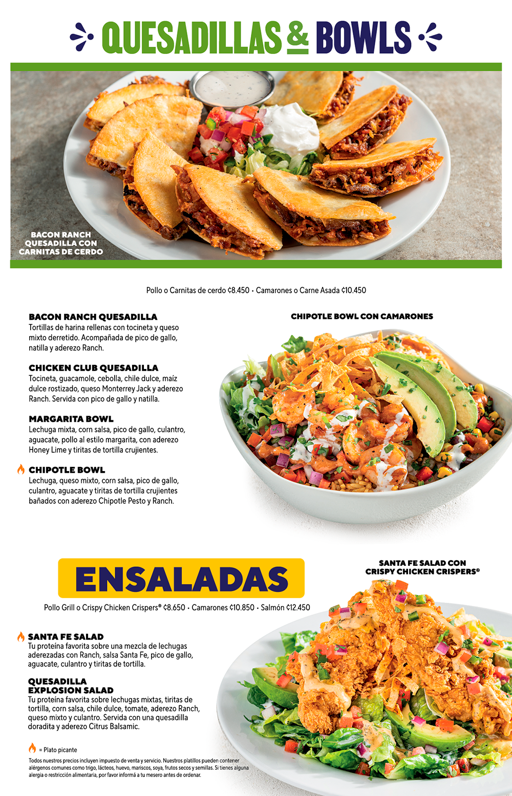 Menú Chili's Costa Rica: Ensaladas, Quesadillas & Bowls